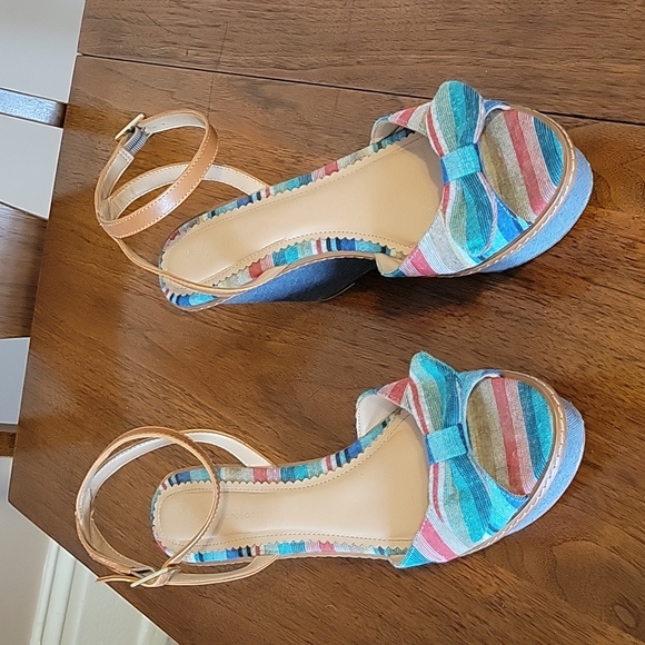 Anthropolgie Miss Albright platform wedge denim rainbow bow heels - Picture 3 of 6